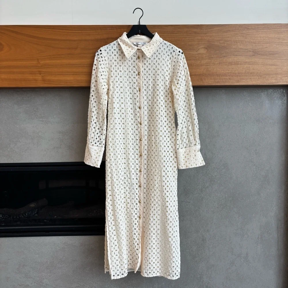 ZARA CREAM EMBROIDERED CUTWORK MIDI DRESS, SIZE M